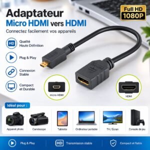 Adaptateur Micro HDMI vers HDMI, Mâle vers Femelle