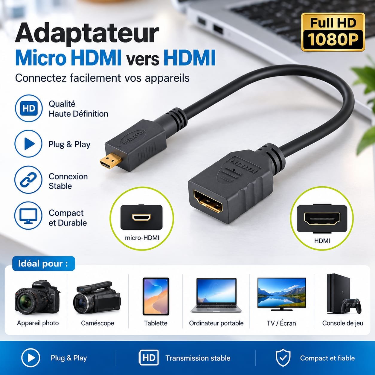 Adaptateur Micro HDMI vers HDMI, Mâle vers Femelle