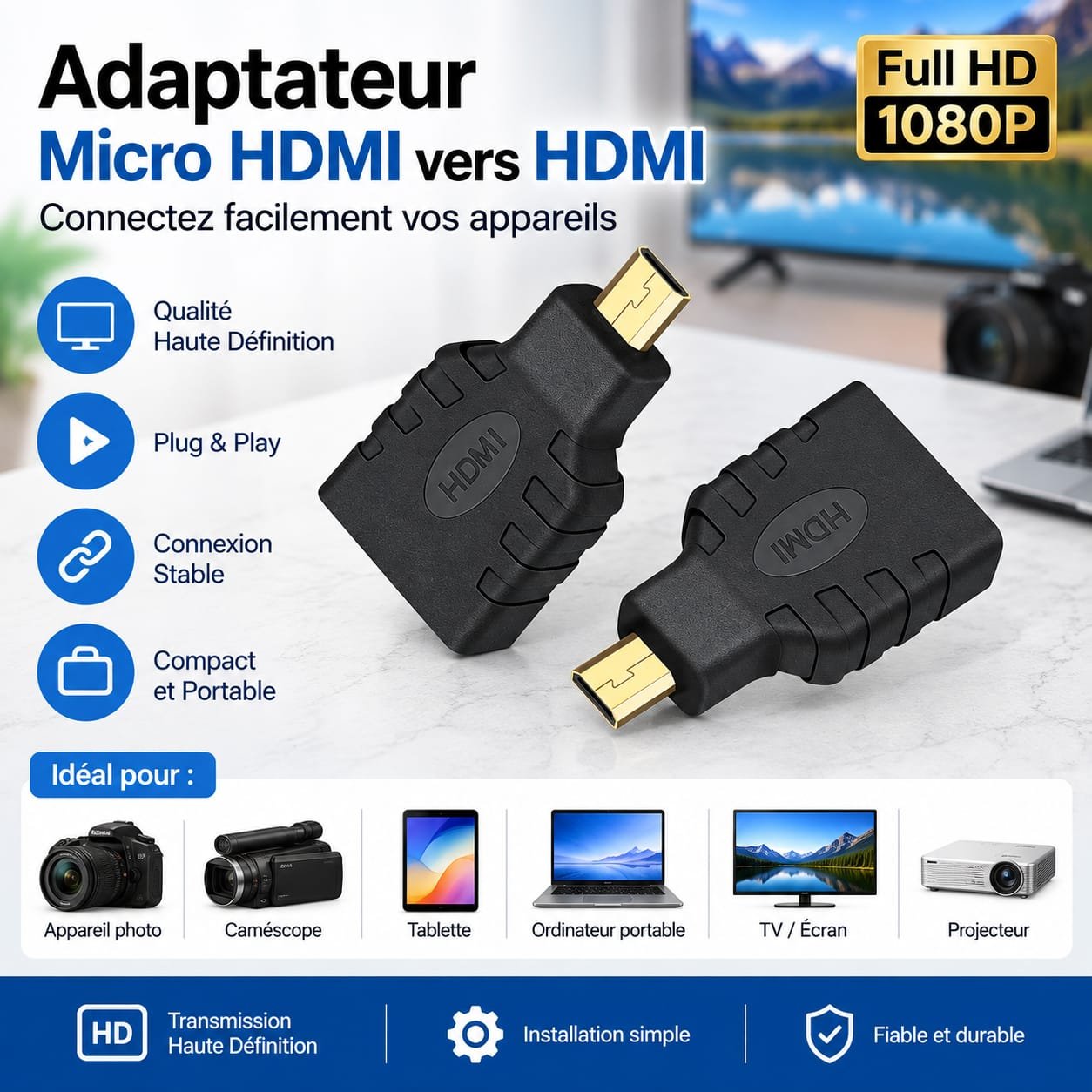 Adaptateur Micro HDMI Mâle vers Micro HDMI Mâle