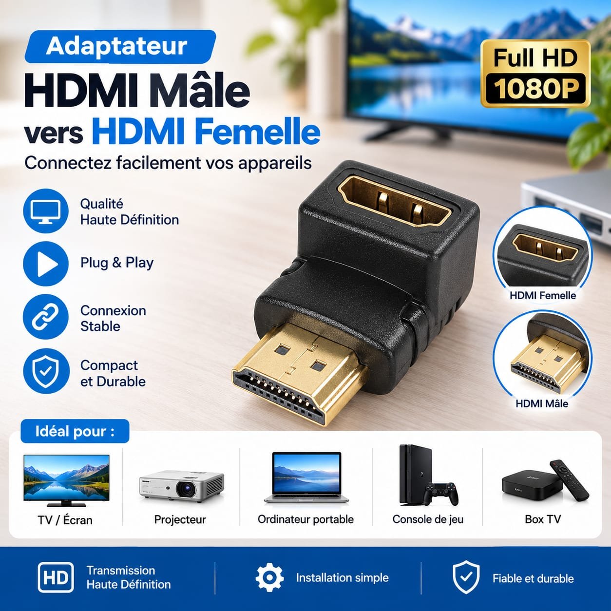 Adaptateur HDMI Mâle vers HDMI Femelle, coudé 90°