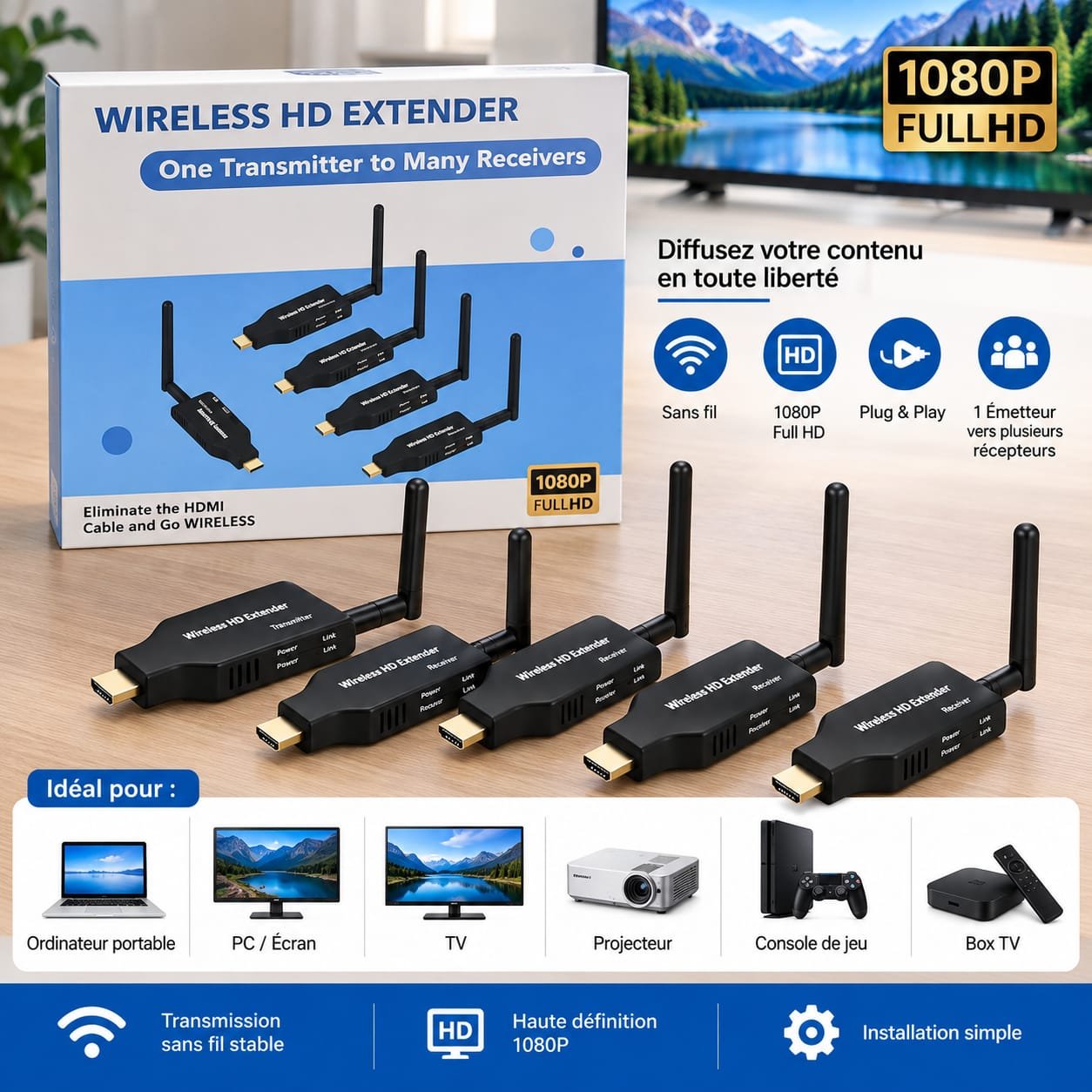 Extension Sans Fil HDMI Plug And Play 50M Émetteur Et Récepteur HDMI