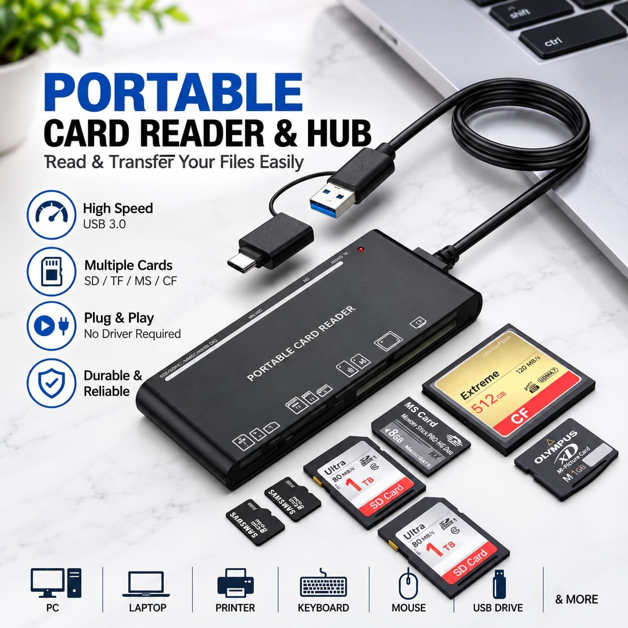 Lecteur de Cartes SD Micro SD-CF USB 3.0 Multi-Format