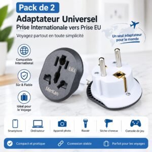Pack de 2 Adaptateur de Voyage Prise Electrique