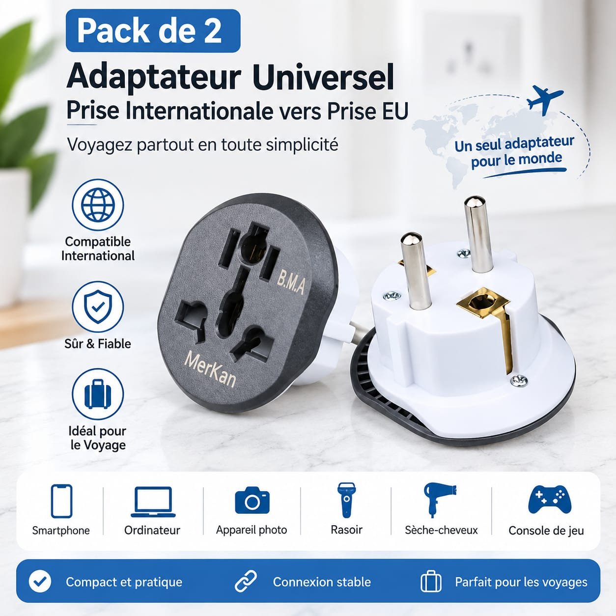 Pack de 2 Adaptateur de Voyage Prise Electrique