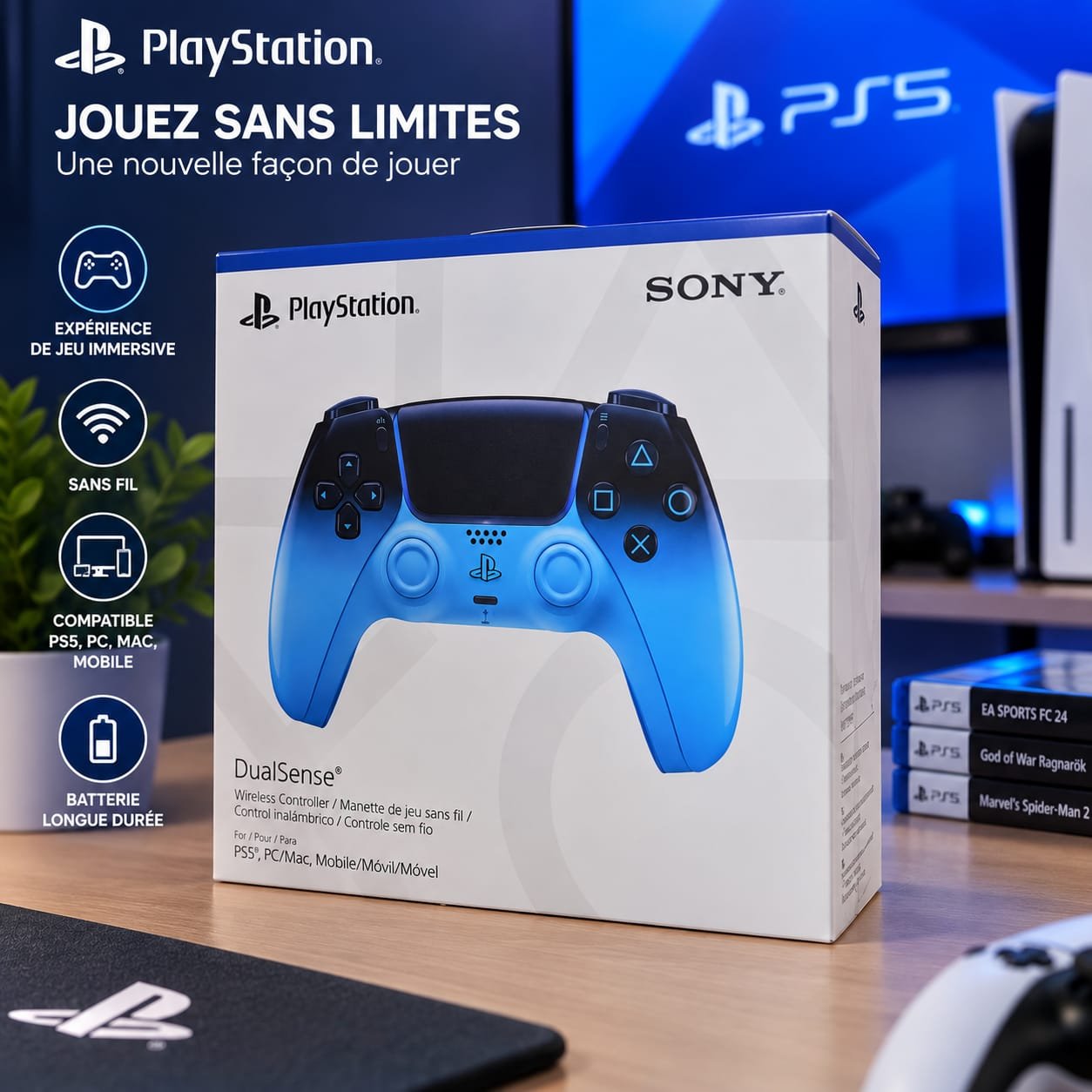 Manette sans fil Sony PlayStation 5 DualSense Bleu, PS5/PC/Mac/Mobile – Image 2
