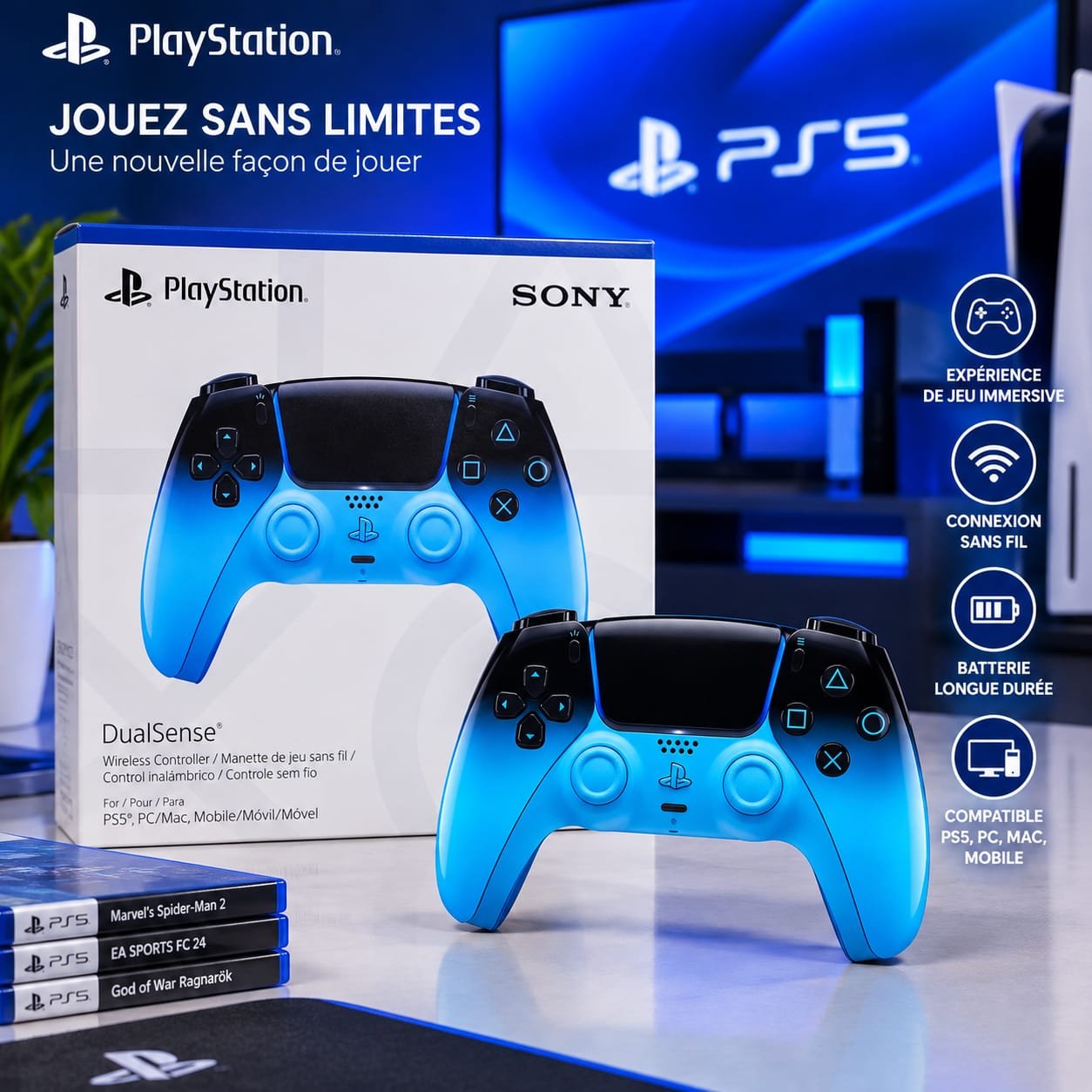 Manette sans fil Sony PlayStation 5 DualSense Bleu, PS5/PC/Mac/Mobile