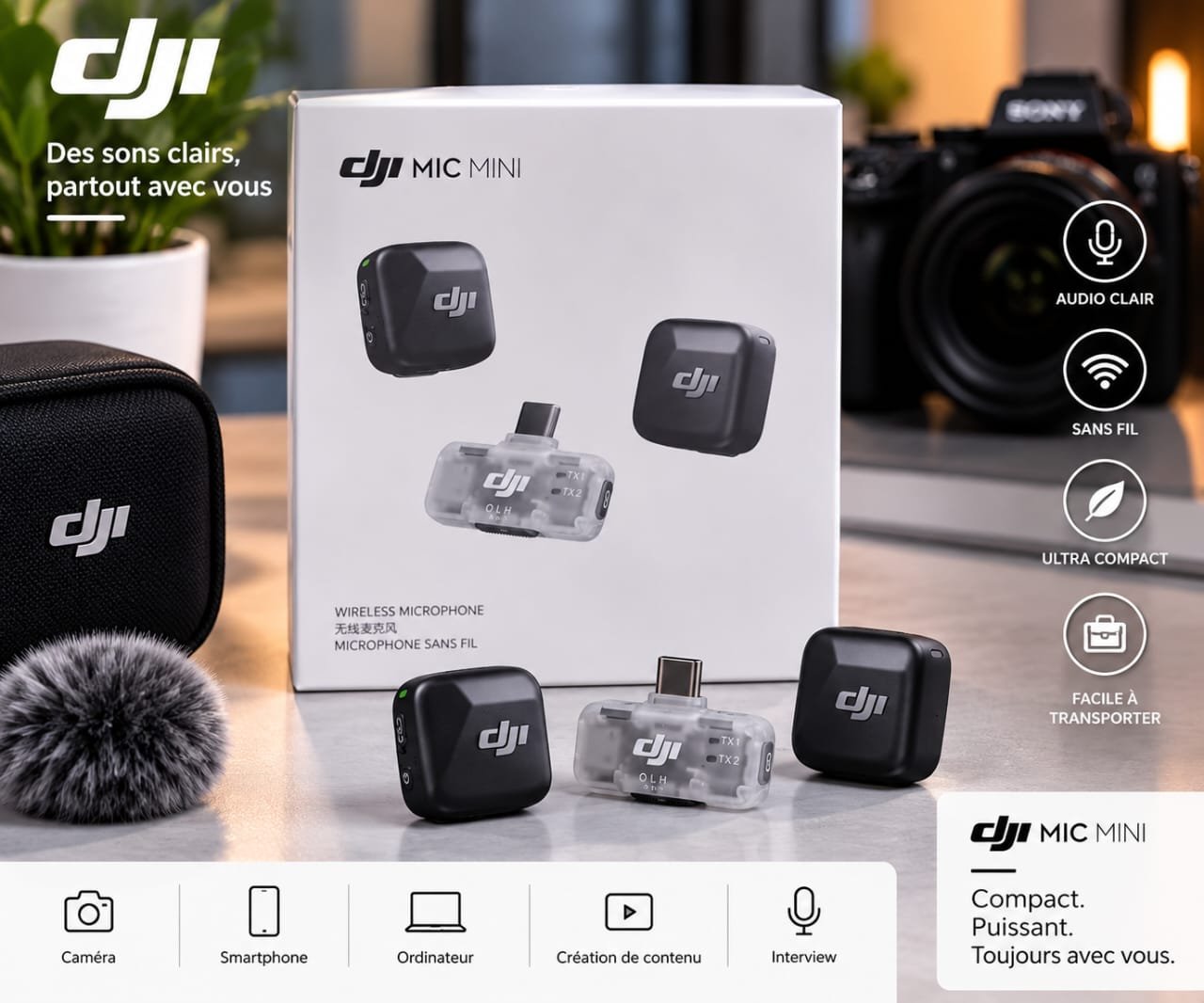 , Microphone Sans Fil DJI Mic Mini 2 Émetteurs + Récepteur USB-C