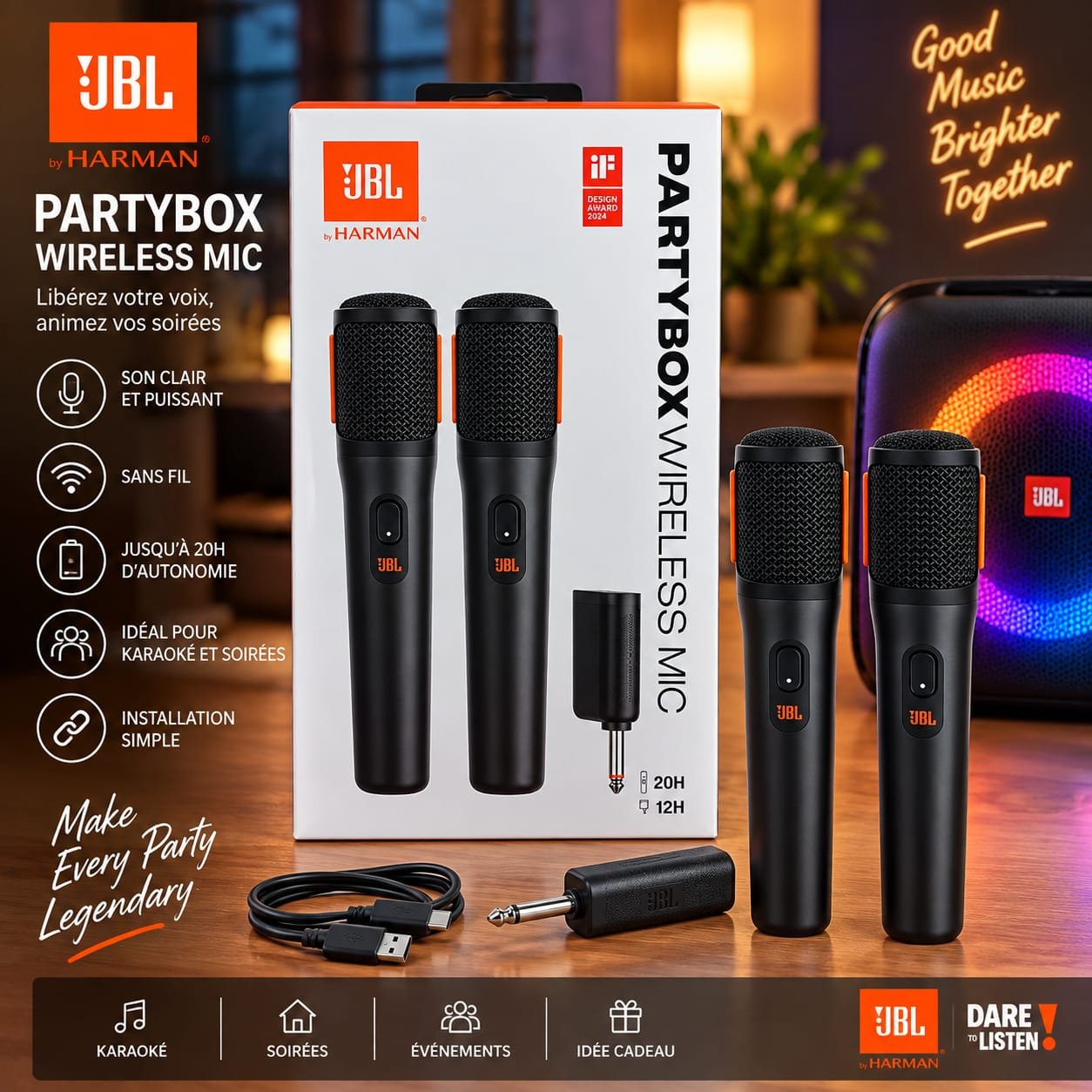 Microphones Sans Fil JBL PartyBox Wireless Mic, Kit de 2