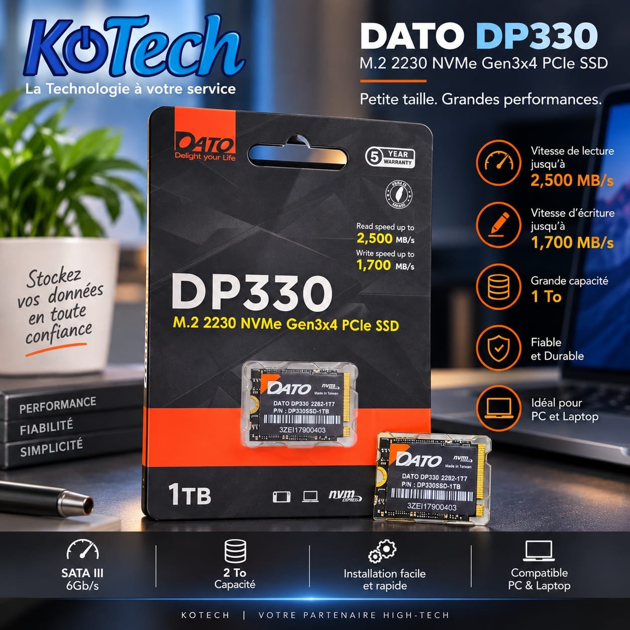 Disque SSD DATO DP330 1 To M.2 2230 NVMe Gen3x4 PCIe, 2500 Mo/s