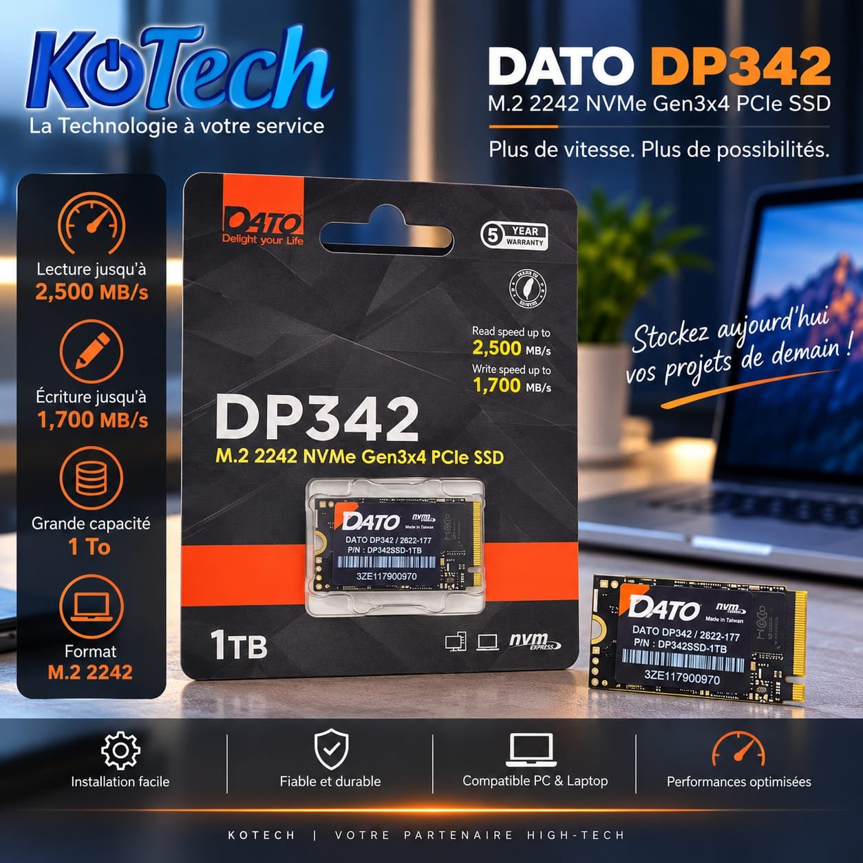Disque SSD DATO DP342 1TB M.2 2242 NVMe PCIe Gen3x4, 2500 Mo/s
