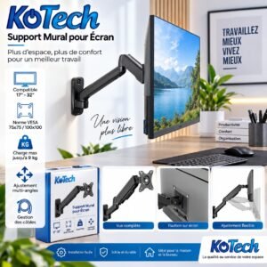 Support Mural pour Écran PC 17–32″ Max 9 kg, Bras Articulé Multi-Angles