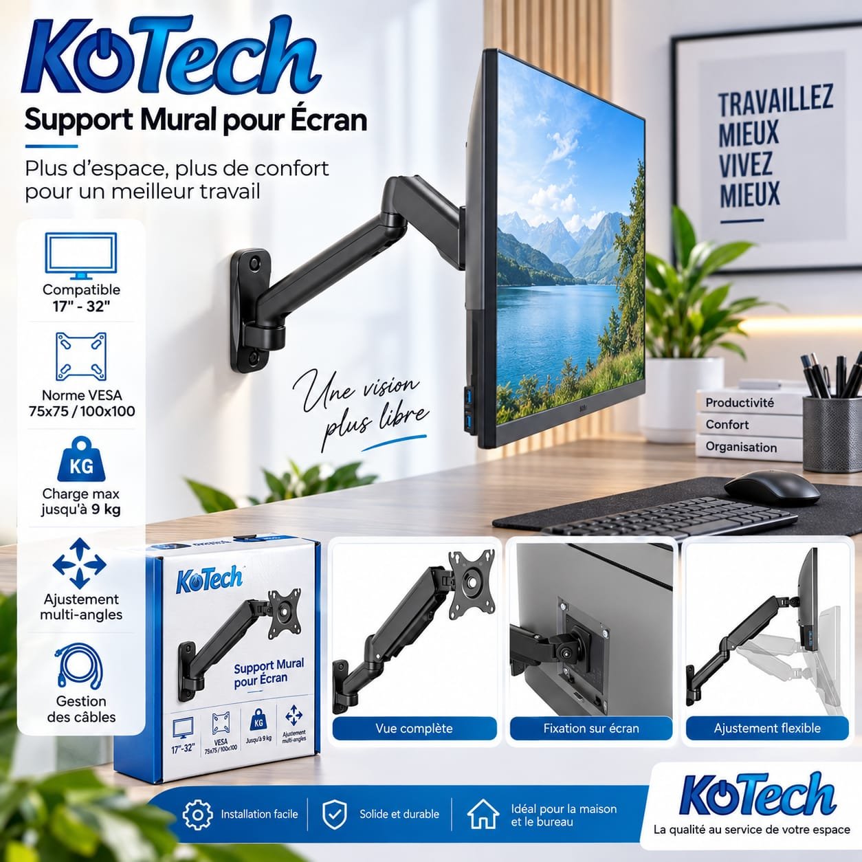 Support Mural pour Écran PC 17–32″ Max 9 kg, Bras Articulé Multi-Angles