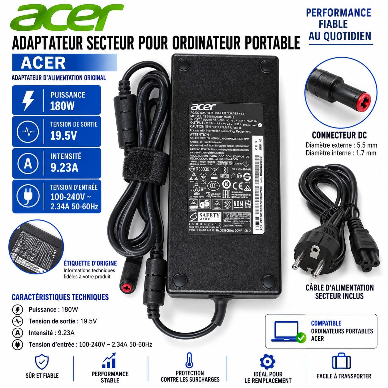 Chargeur Acer 180W, 19.5V 9.23A