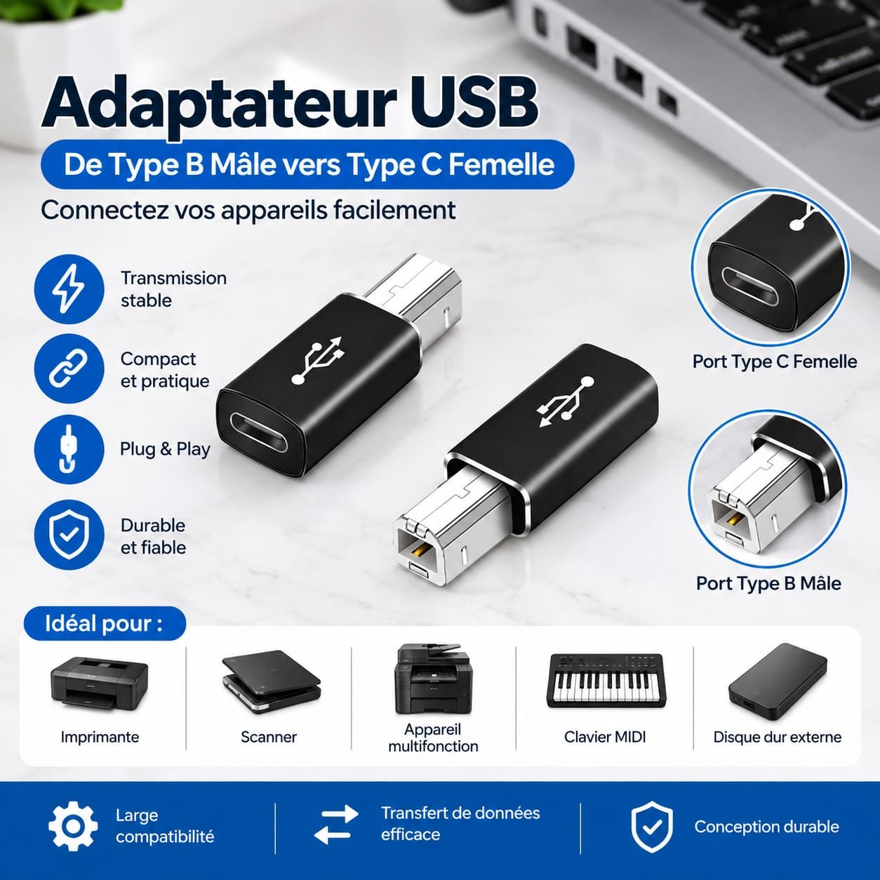Adaptateur USB Type B Mâle vers Type C Femelle