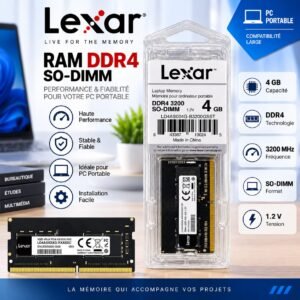 RAM  4GB DDR4 3200 MHz Lexar  SO-DIMM 1,2 V pour PC Portable