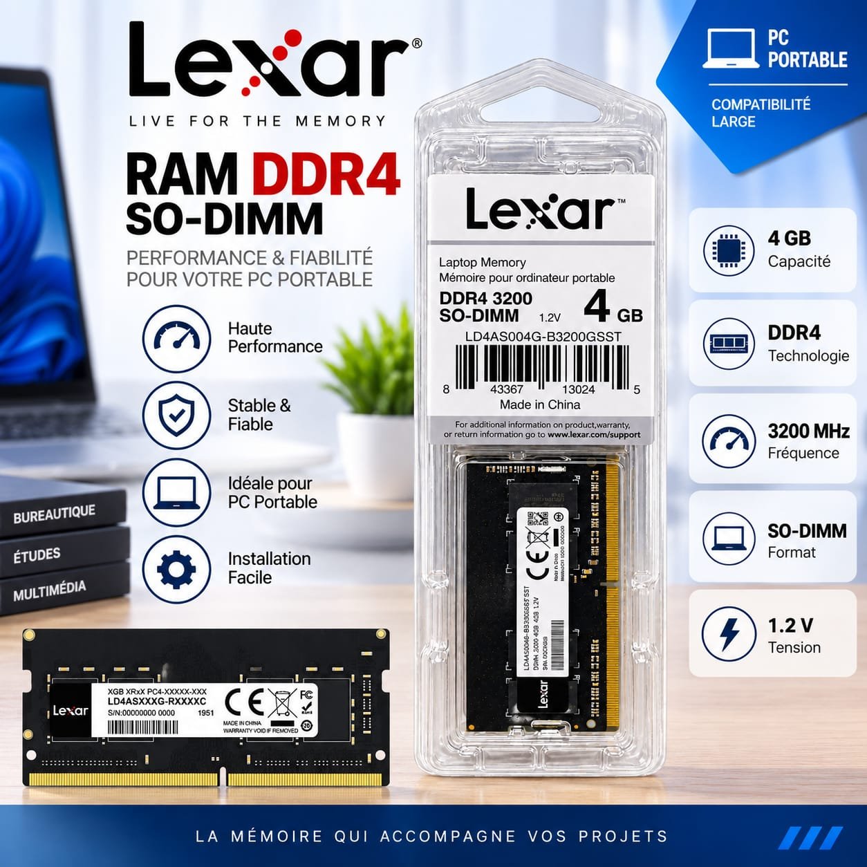 RAM  4GB DDR4 3200 MHz Lexar  SO-DIMM 1,2 V pour PC Portable