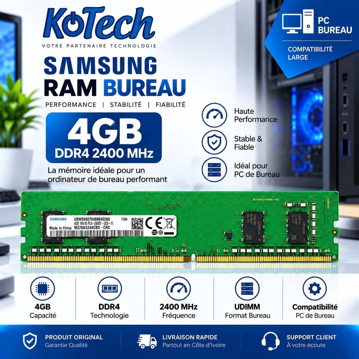 RAM  4 GB DDR4 2400T MHz UDIMM pour PC de Bureau
