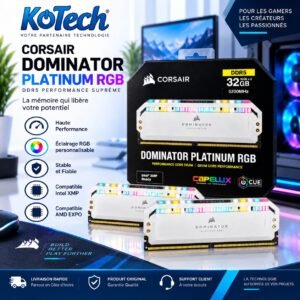 RAM Corsair 32 Go (2×16 Go) 5200 MHz Dominator Platinum RGB DDR5 Blanc, PC Bureau