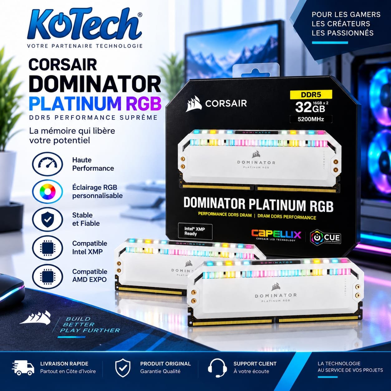 RAM Corsair 32 Go (2×16 Go) 5200 MHz Dominator Platinum RGB DDR5 Blanc, PC Bureau