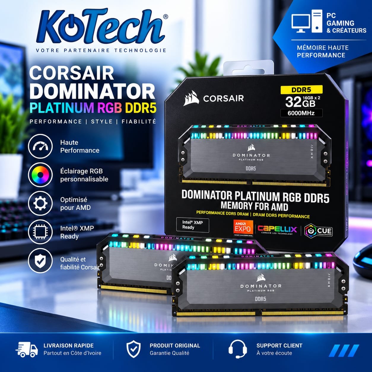 Ram Corsair 32 Go (2×16 Go) 6000 MHz Dominator Platinum RGB DDR5