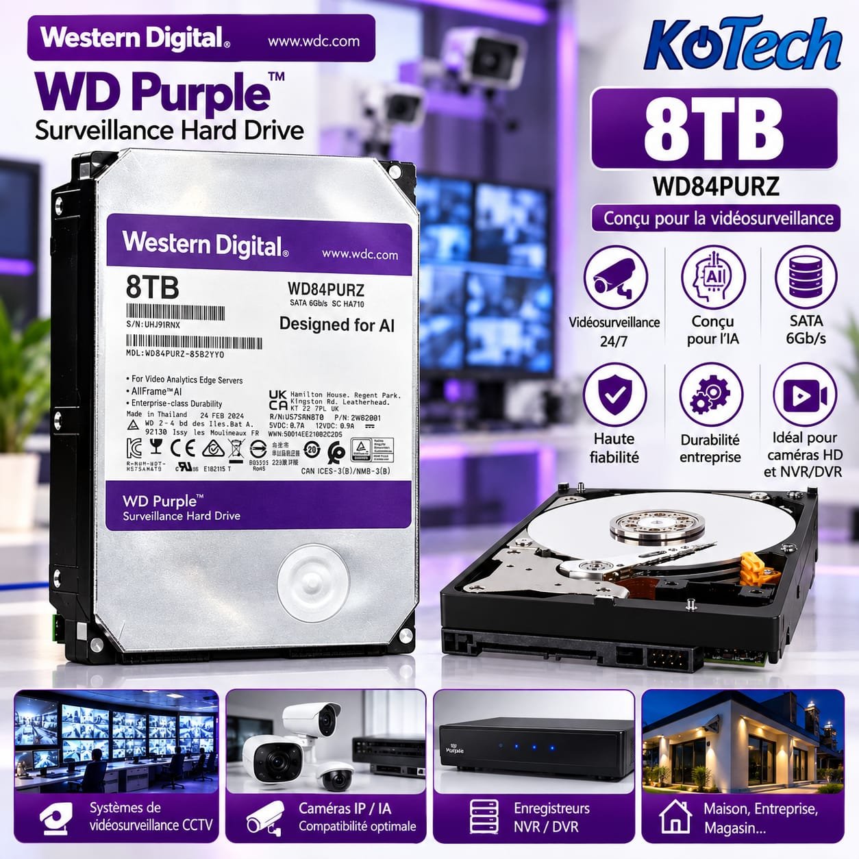 Disque dur Western Digital 8TB WD Purple , SATA 6 Gb/s,
