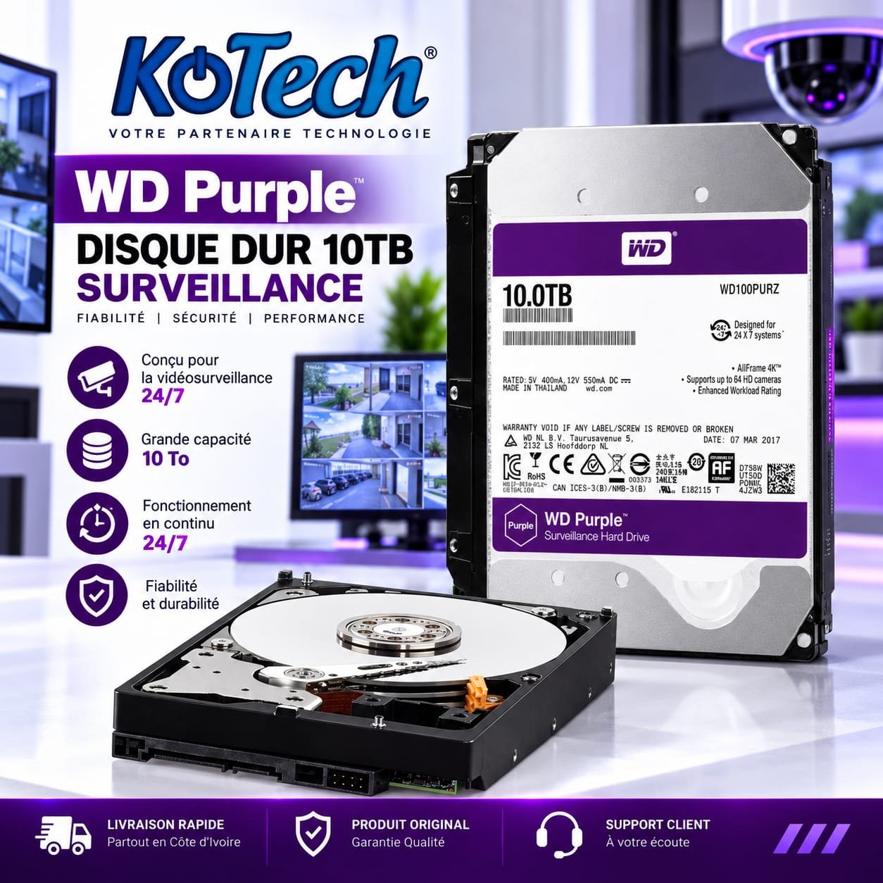 Disque dur WD Purple 10TB, HDD SATA 3,5"