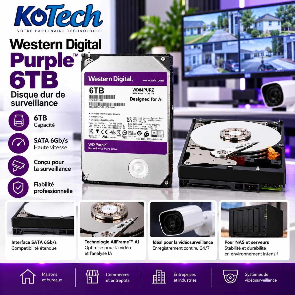 Disque Dur Western Digital 6TB Purple , HDD SATA 3,5"