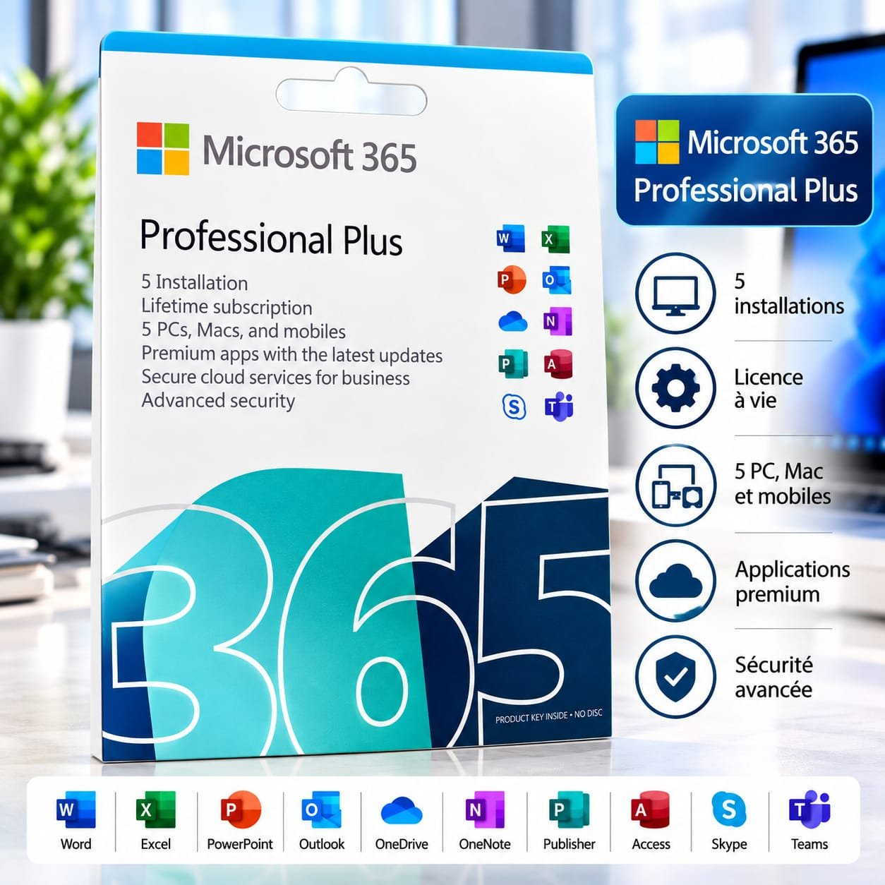 Microsoft 365 Professional Plus 365, Licence , 5 PC/Mac/Mobiles, Product Key
