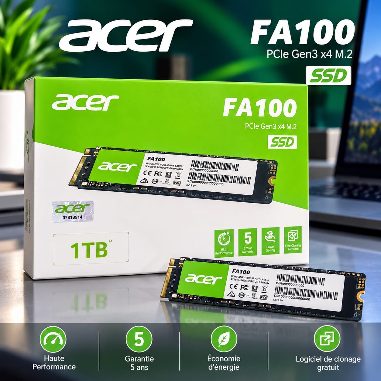 Disque Dur Acer 1TB FA100  SSD M.2 NVMe PCIe Gen3 x4 , Haute Performance