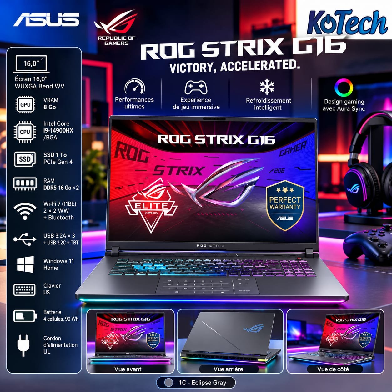 PC Gamer ASUS ROG Strix G16 G614, Core i9-14900HX, 32 Go DDR5, SSD 1 To PCIe 4.0, RTX 5070 8 Go, 16" WUXGA, Windows 11 Home