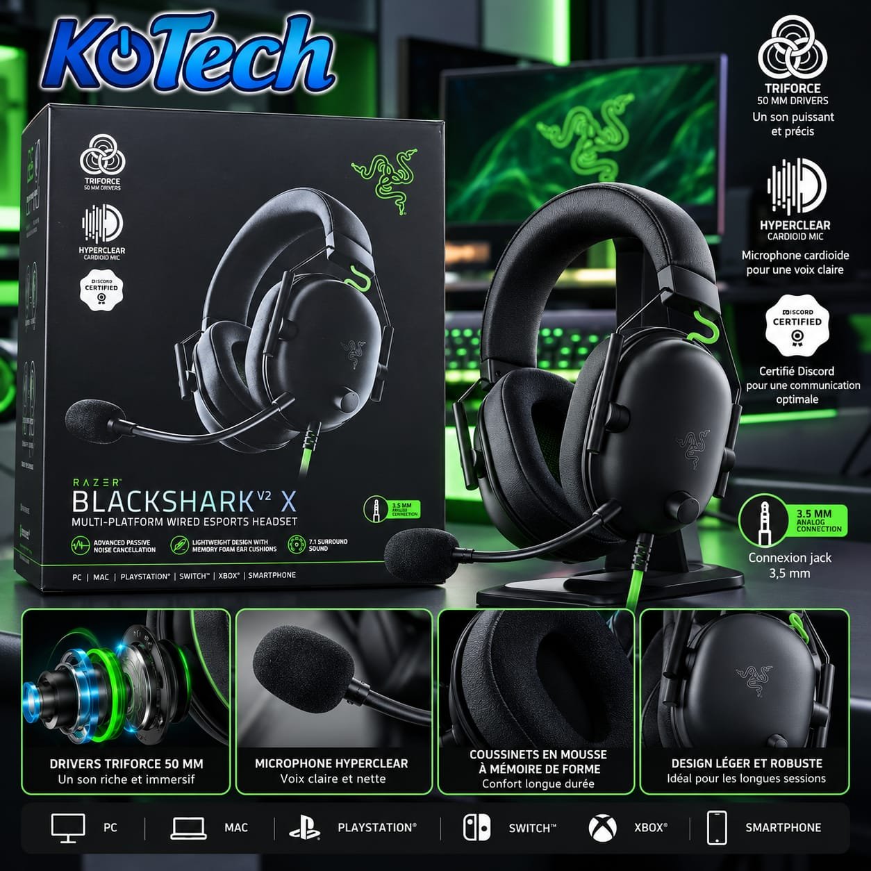 Casque Gaming Razer BlackShark V2 X, Filaire, 7.1 Surround, Multi-Plateforme