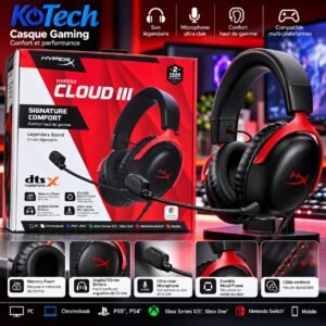 Casque Gamer HyperX Cloud III, Filaire, DTS Headphone:X, Microphone Ultra-Clair, Multiplateforme