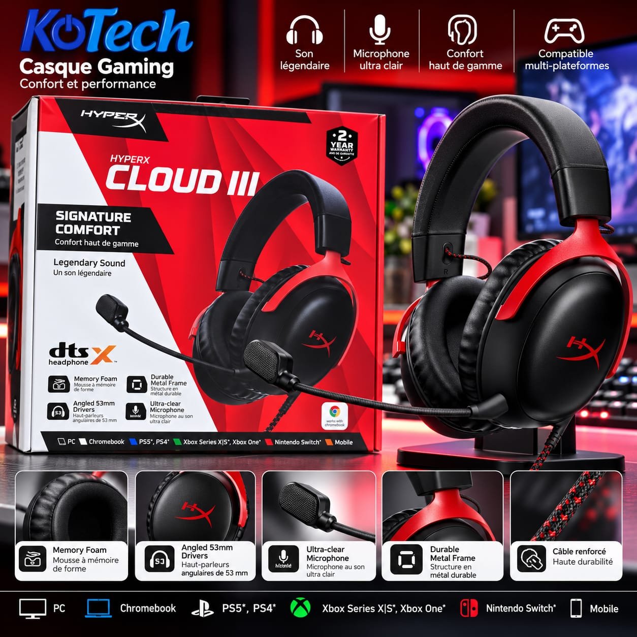 Casque Gamer HyperX Cloud III, Filaire, DTS Headphone:X, Microphone Ultra-Clair, Multiplateforme
