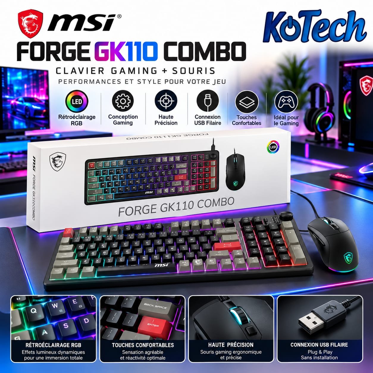 Clavier Gaming RGB + Souris Filaire MSI FORGE GK110 COMBO -QWERTY