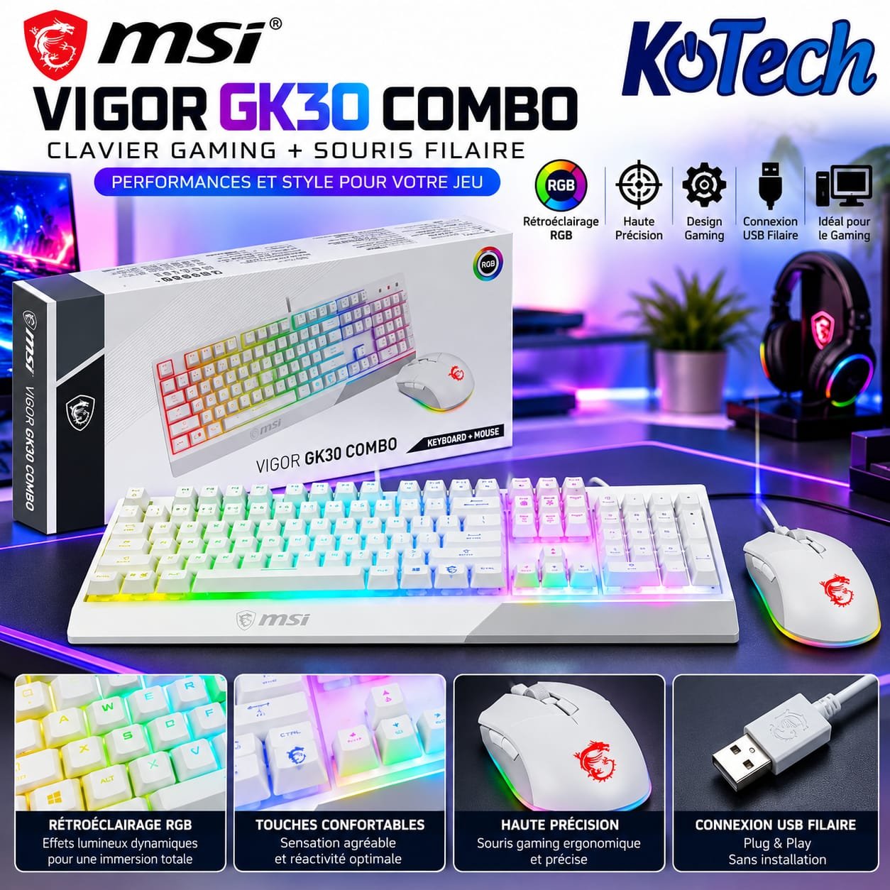 Clavier Gaming RGB + Souris Filaire MSI VIGOR GK30 COMBO-QWERTY