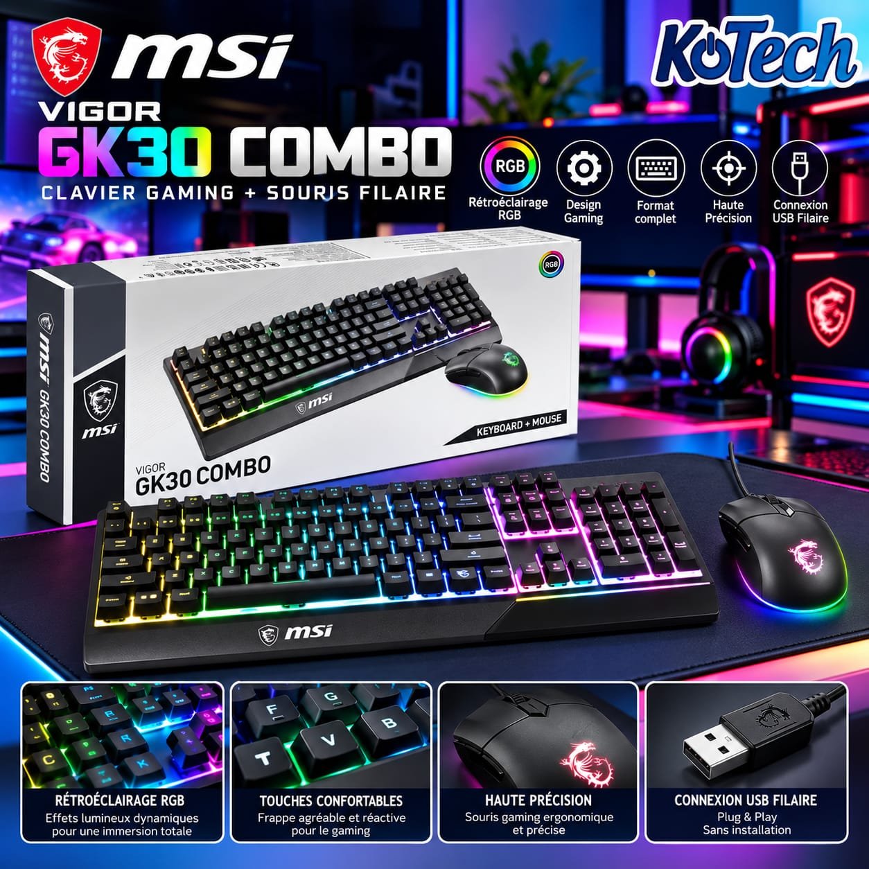 Clavier Gaming RGB + Souris Filaire MSI VIGOR GK30 COMBO - QWERTY