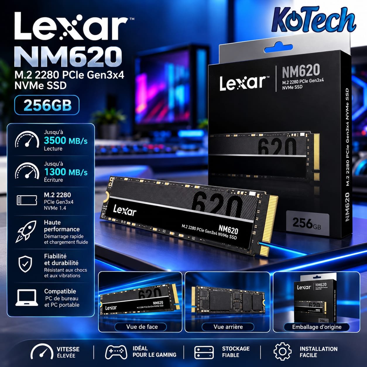Disque SSD Lexar NM620 256 Go M.2 2280 NVMe PCIe Gen3x4