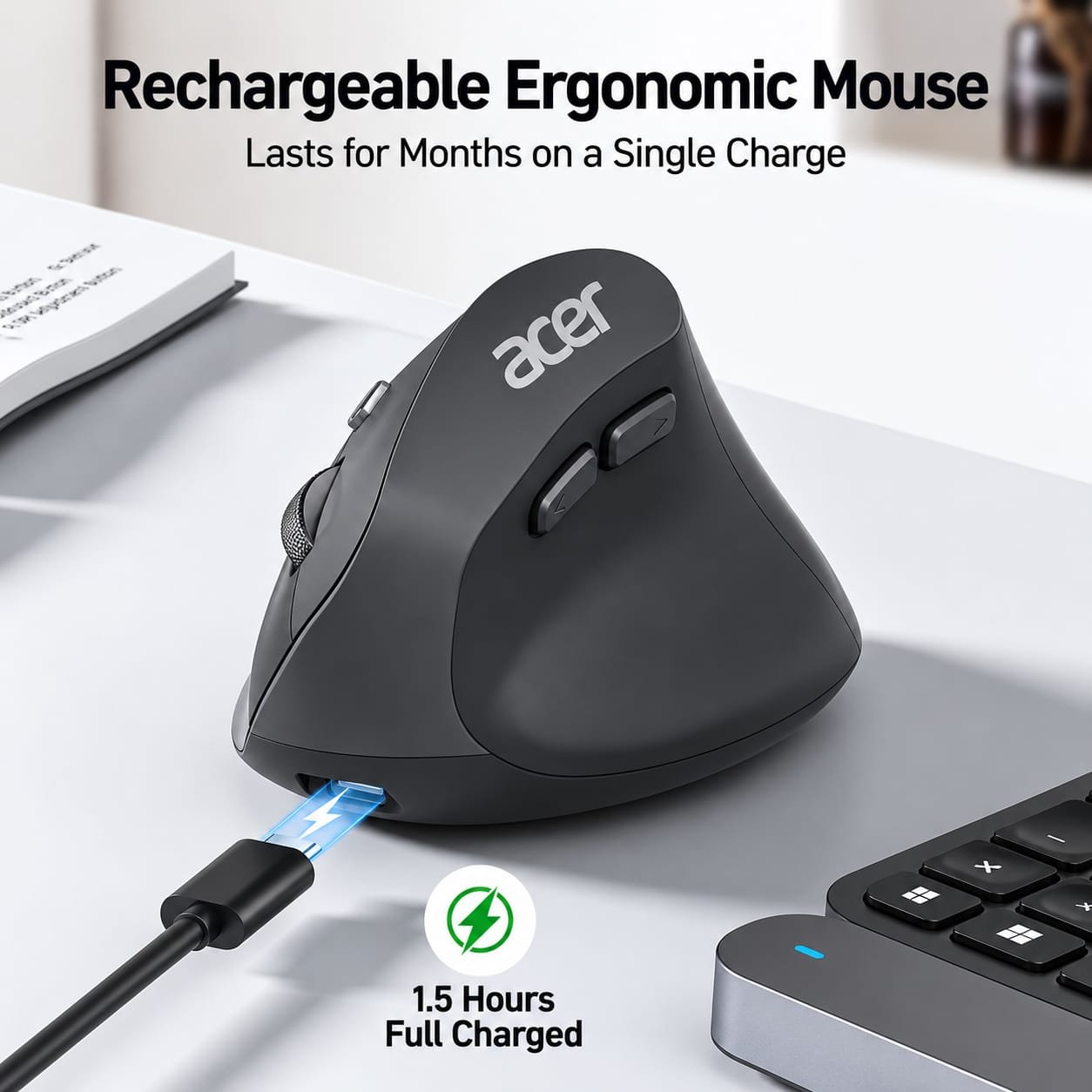 Souris ergonomique verticale Acer OMR217, rechargeable, sans fil