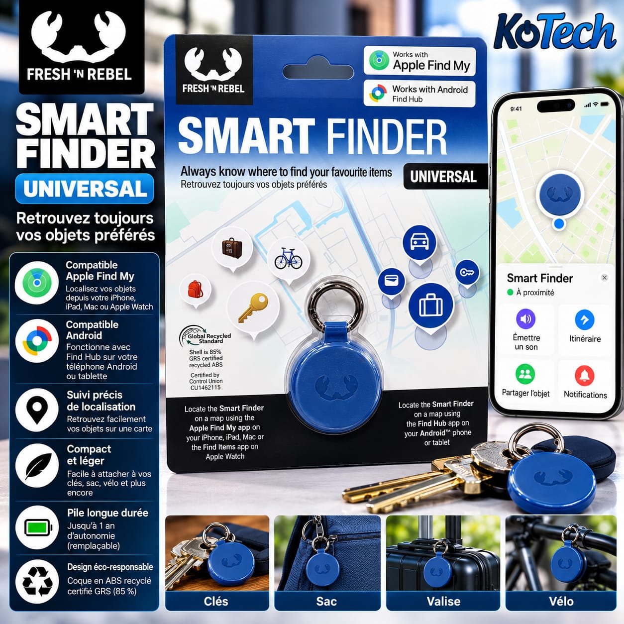 Localisateur Bluetooth pour iPhone et Android Fresh ’n Rebel Smart Finder-Bleu