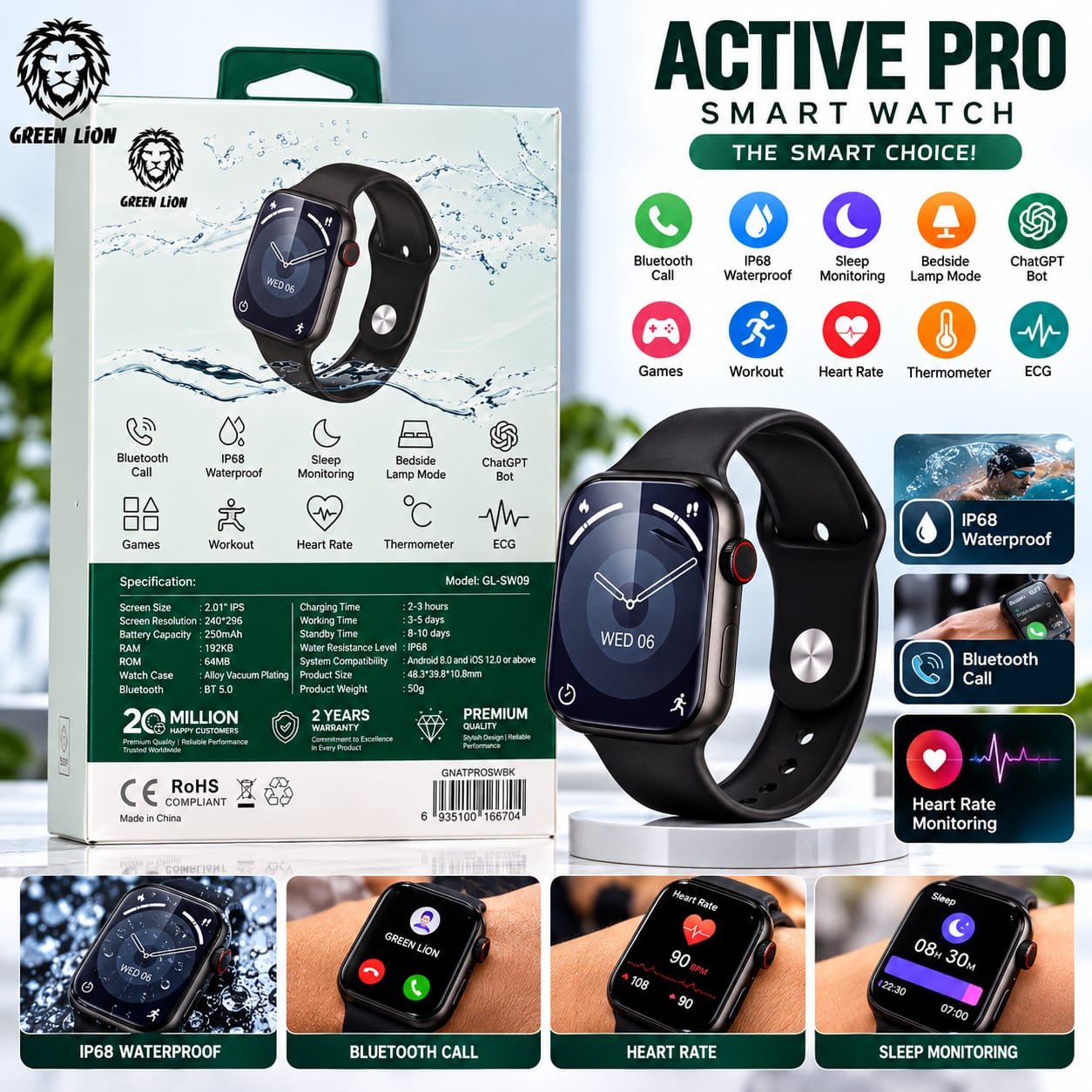 Montre Connectée Green Lion Active Pro GL-SW09, Écran 2,01″ IPS, Bluetooth, IP68