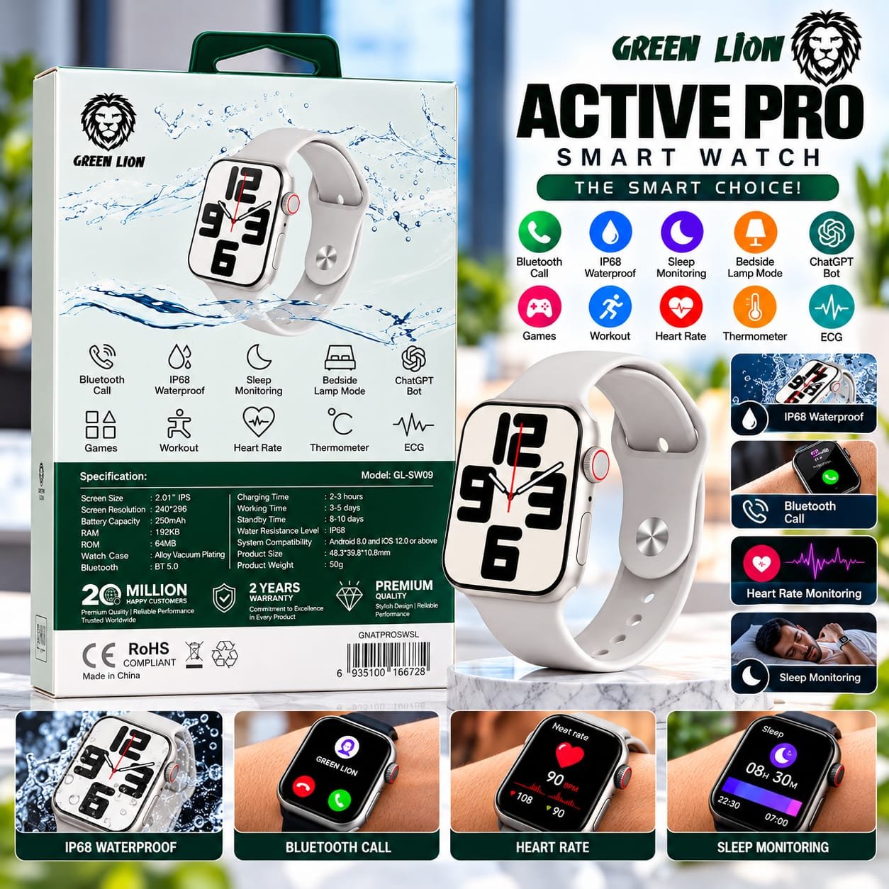 Montre Connectée Green Lion Active Pro GL-SW09, IPS, Bluetooth, IP68