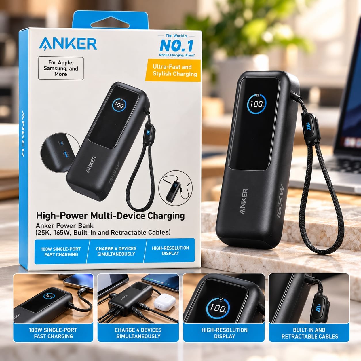 Power Bank 25 000 mAh Batterie Externe Anker, 165 W, Câbles Intégrés Rétractables, Écran Numérique, Charge Rapide