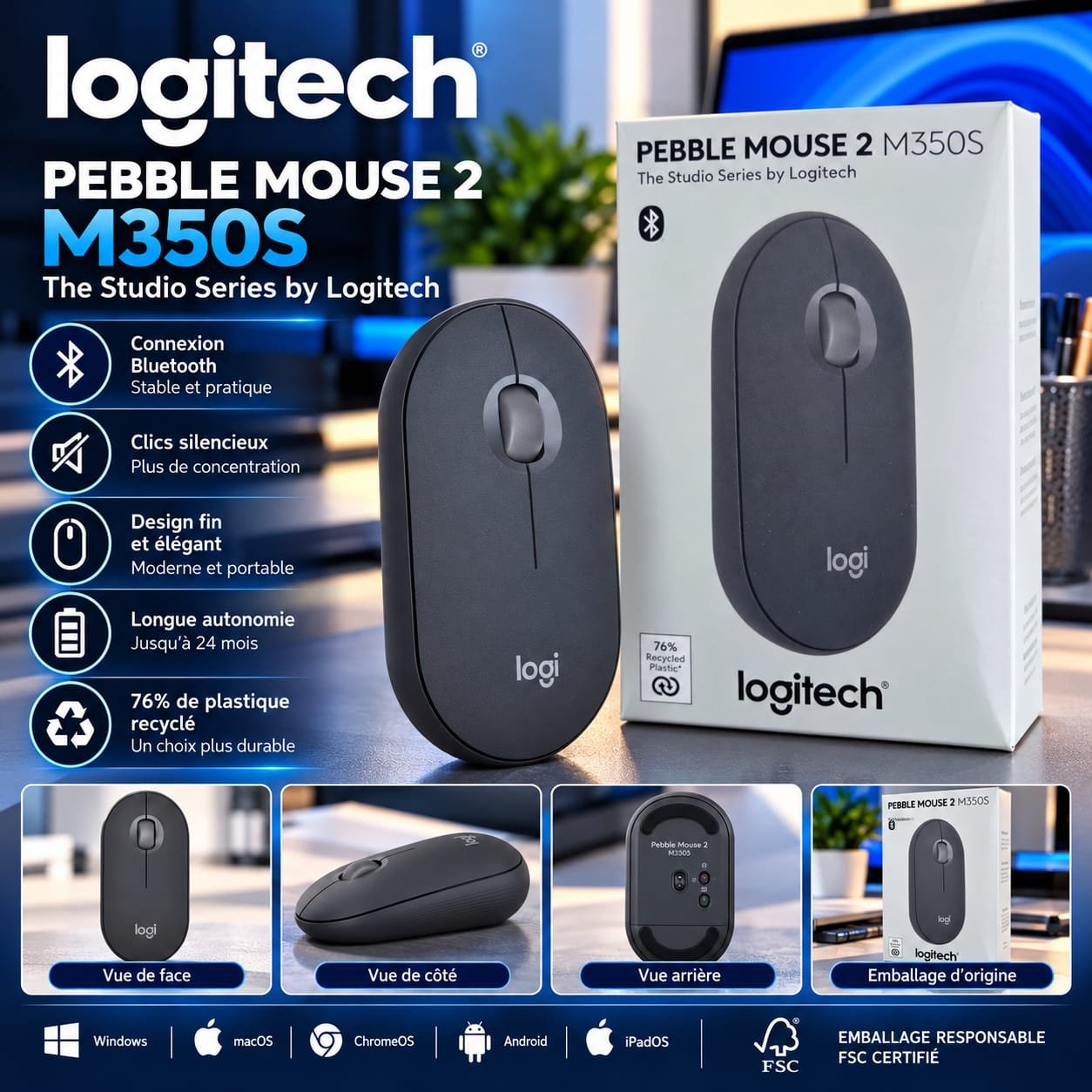 Souris sans fil Logitech Pebble Mouse 2 M350S Bluetooth, Clics silencieux