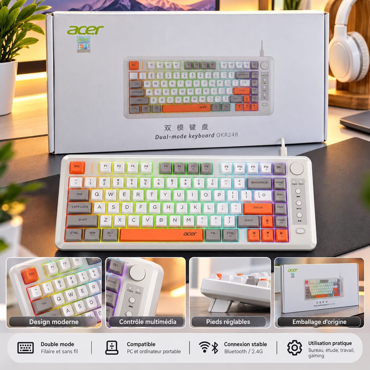 Clavier Gaming Acer OKR248 RGB 81 Touches, Double Mode