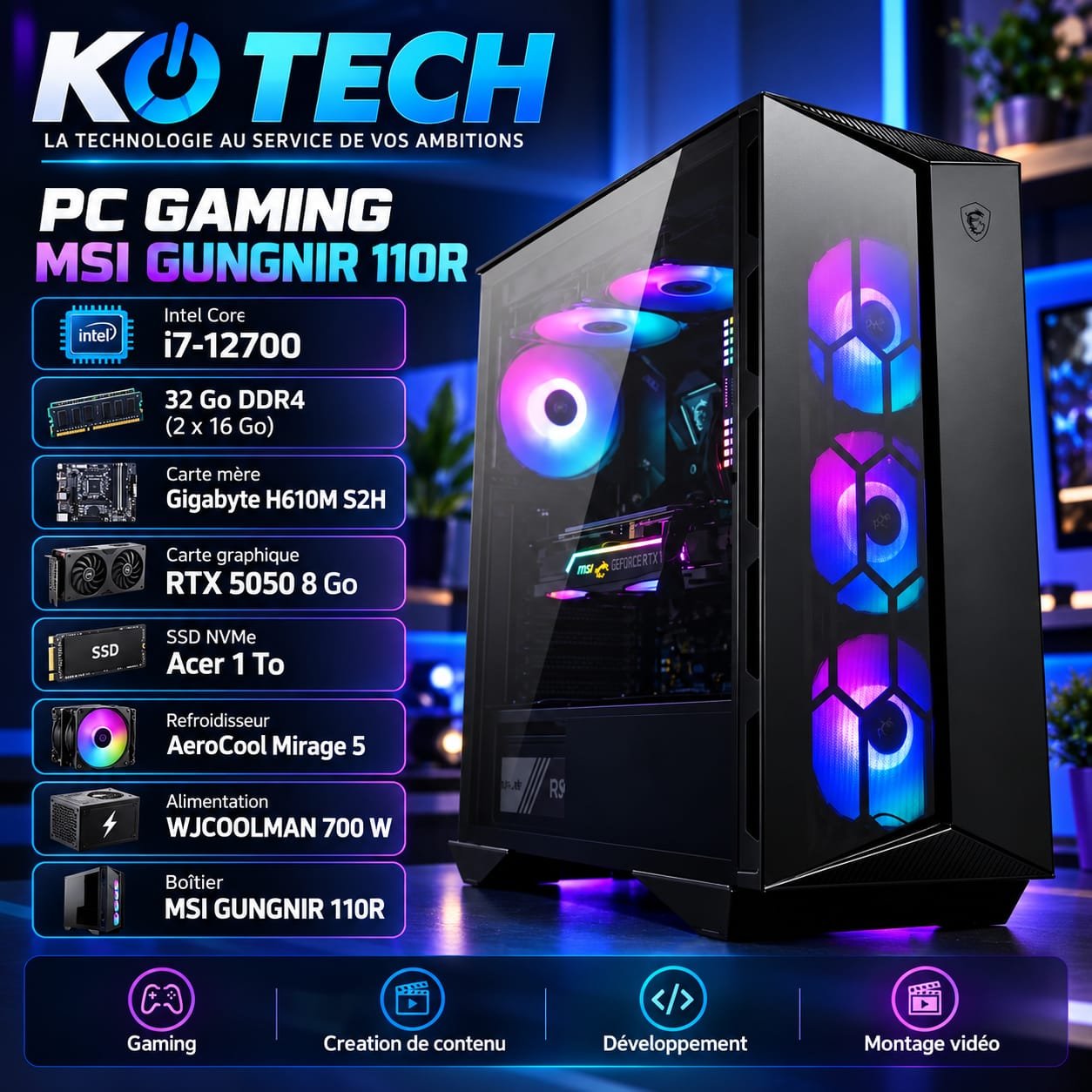 Gamer core i7-12700, RAM 32 Go DDR4, RTX 5050 8 Go, SSD NVMe 1 To, RGB.