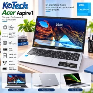 Ordinateur Portable Acer Aspire 1 15,6″ FHD Intel Celeron N4500, RAM 4 Go DDR4, SSD 384 Go, Wi-Fi 6, Bluetooth