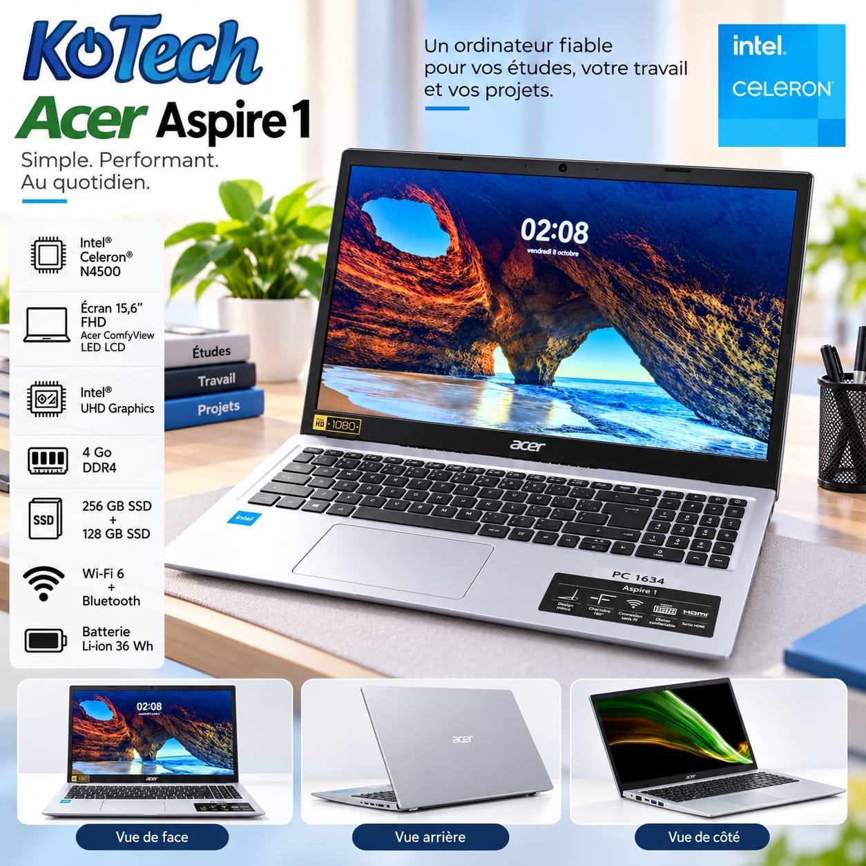 Ordinateur Portable Acer Aspire 1 15,6″ FHD Intel Celeron N4500, RAM 4 Go DDR4, SSD 384 Go, Wi-Fi 6, Bluetooth