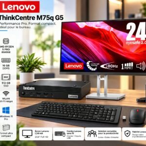 Ordinateur bureau Mini ThinkThinkCentre M75q AMD Ryzen 5 PRO 8500GE, 16 Go DDR5, SSD NVMe de 512 Go + Écran Lenovo 23,8 pouces L24I 4A.