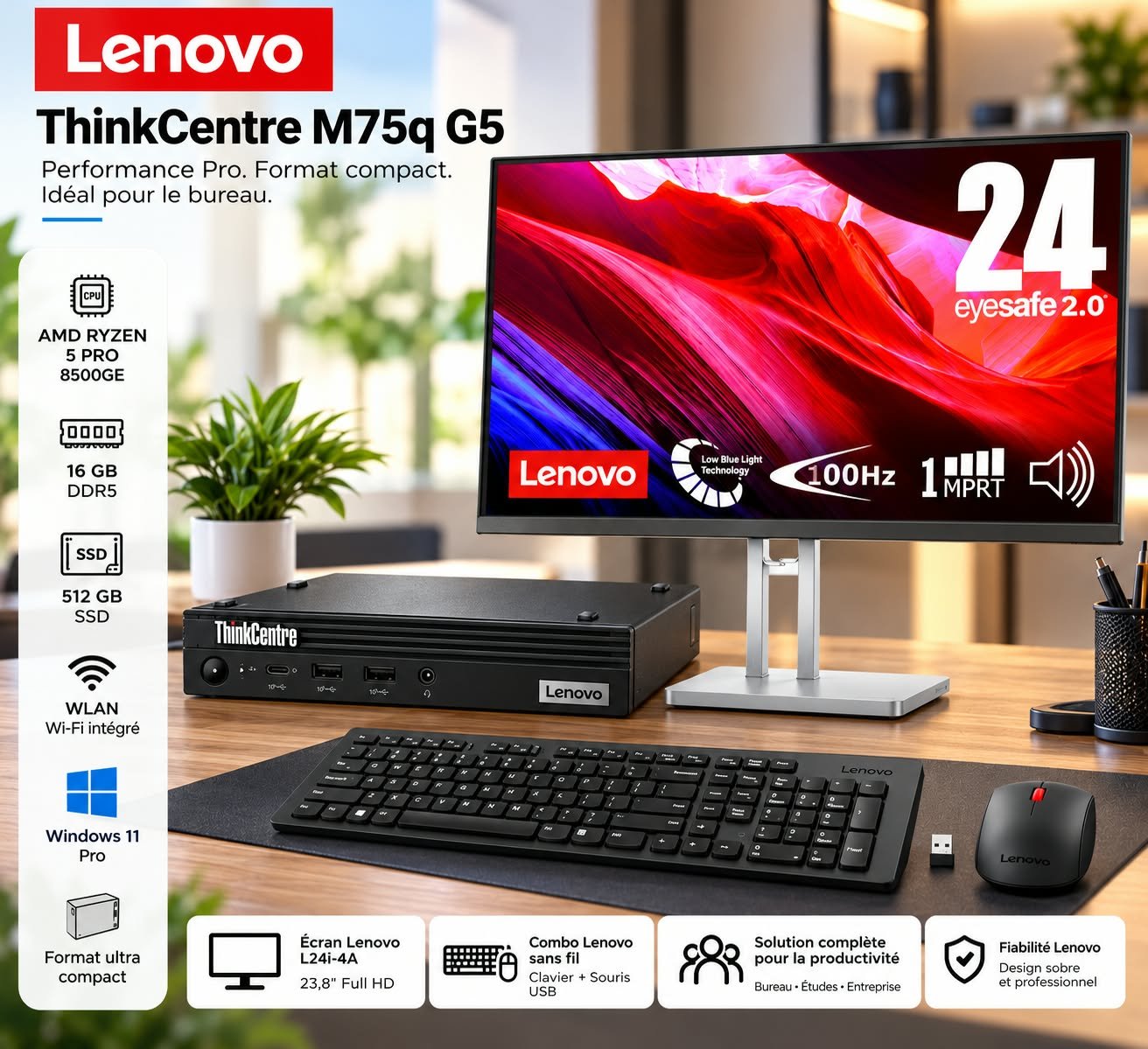 Ordinateur bureau Mini ThinkThinkCentre M75q AMD Ryzen 5 PRO 8500GE, 16 Go DDR5, SSD NVMe de 512 Go + Écran  Lenovo 23,8 pouces L24I 4A.