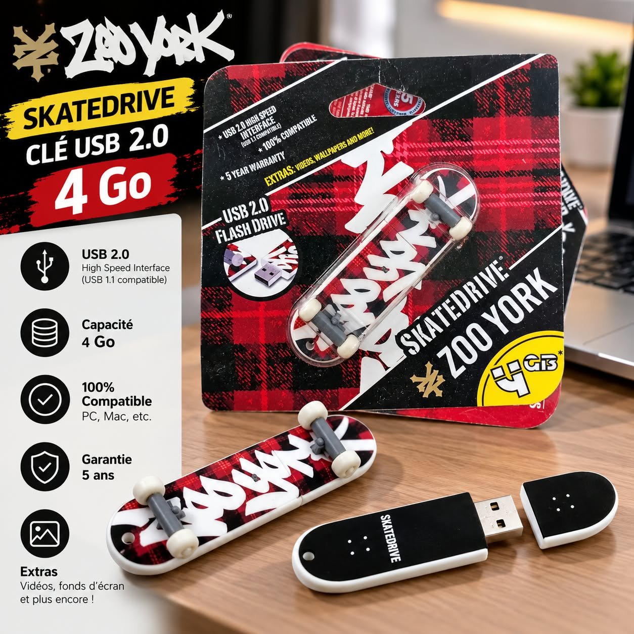 Clé USB 4GB 2.0 en forme de skateboard, Skatedrive Zoo York.